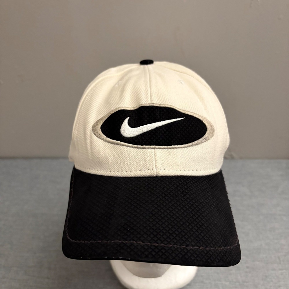 Nike Hat Mens OSFA Cream Black Vintage 90s Rare Distressed Oval Swoosh Cap